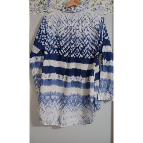 Beach & Boho Large Blue White Tie Dye Cotton Button Up Travel Pool Vacation Top - Picture 4 of 7